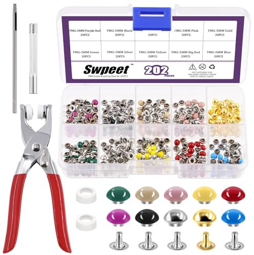 Swpeet 405 remaches de cuero de doble tapa redonda de 5 mm con herramientas de fijación, remaches de metal de doble tapa, remaches de cuero, cinturón de manualidades, ideal para manualidades,