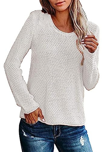 Pullover Strick Damen Damen-Pullover, einfarbig, Rundhalsausschnitt, grobe Wolllinie, gestrickt, lockere Schulterpartie, für Urlaub, Reisen, Alltag, Stil, Lohas-Zeit-Pullover Jacken (White, S)