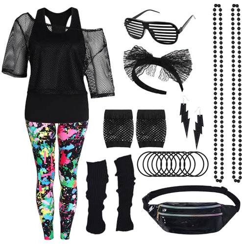 80er 90er Jahre Outfit Damen 20 Stück 80iger Retro Kostüm Off Shoulder Netzshirt Frauen mit Leggins Neon Kleidung Zubehör Set Bauchtasche Ohrring Netzhandschuhe Armband Halskette Bad Taste Outfit 21XL