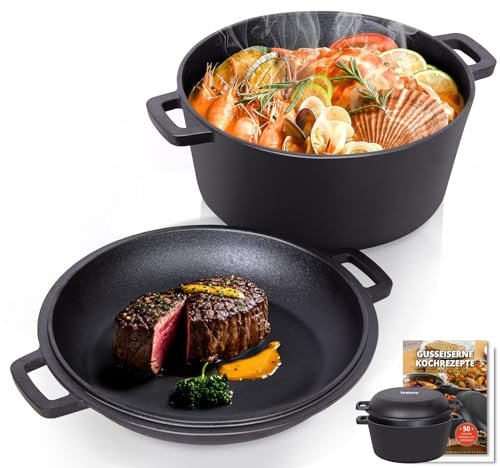 Todeco 2 en 1 Marmite en Fonte avec couvercle de poêle, 5L Dual Function Casserole en fonte avec recette pour cuisine, Pré-assaisonné, pour cuisine, camping, barbecue, rôtir ou braiser