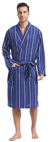 FashGudim Bademantel Herren Baumwolle Leicht Dünn Kurz Morgenmantel Herren Kariert Sommer Schalkragen Schottenmuster (Blau gestreift, S/M)