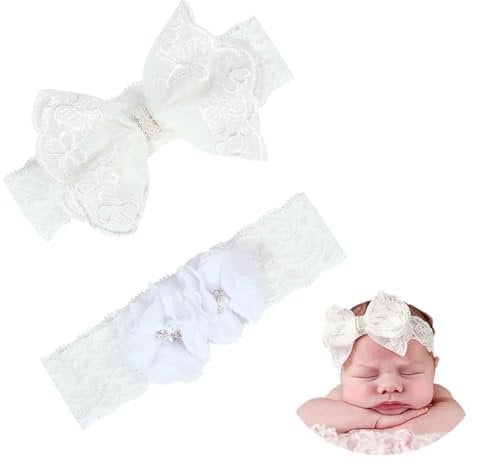 MenYiYDS 2 PCS BABY HEADBANDS - WHITE LACE AND FLOWER BOW HEADBANDS FOR GIRLS AND NEWBORNS
