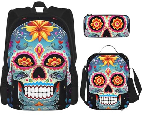 OUSIKA Sugar Skulls 3 Pcs Print Backpack Sets Casual Daypack with Lunch Box Pencil Case for Women Men