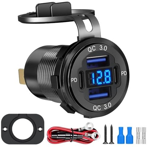 Linkstyle USB Car Charger Socket, Dual 30W PD Type C & Dual 18W QC3.0 USB Charger Power Outlet Panel with LED Voltmeter for 12V/24V Car Boat