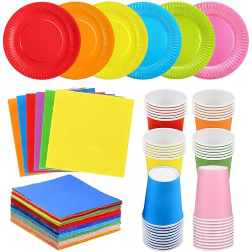90 Pack Colorful Rainbow Party Tableware Set - Paper Plates, Cups, Napkins, Multicolor Dinner Plates, Luncheon Cocktail Napkins, 250ml Cups for DIY Birthday Holiday