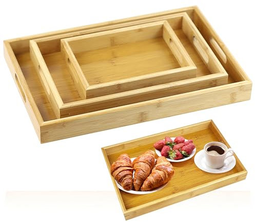 WENLISELL 3 PCS Bamboo Serving Trays with Handles, 20/30/38cm Rectangular Wooden Serving Platter Tray Set, Rustic Food Tray for Eating, Breakfast, Dinner