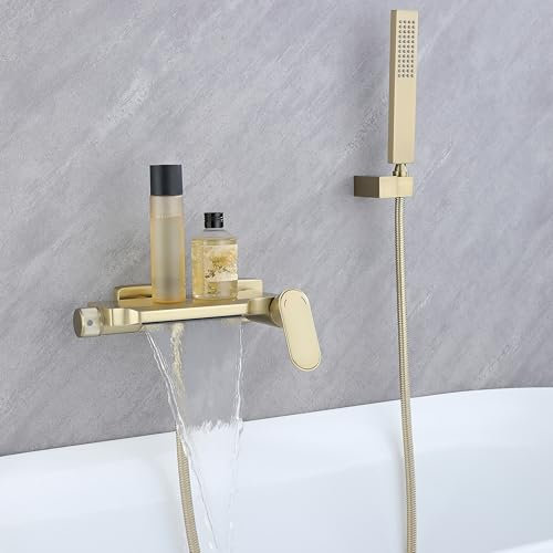 Badewannenarmatur Wasserfall Mit Handbrause Wasserhahn Badewanne Wandmontage Badarmatur Mischbatterie Badewanne Bad Armaturen Badewanne Messing (Gebürstetes Gold)