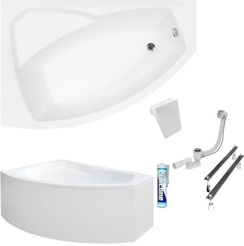 ECOLAM Baignoire d'angle Rima 130x85 cm gauche | tablier acrylique | Appuie-tête | pieds siphon + silicone | Set complet