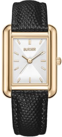 BURKER Damenuhr Olivia, Quadratische Damen Armbanduhr Lederarmband Edelstahl Analog Quarz 3-ATM Wasserdicht - 29 mm - Gold Schwarz Leder