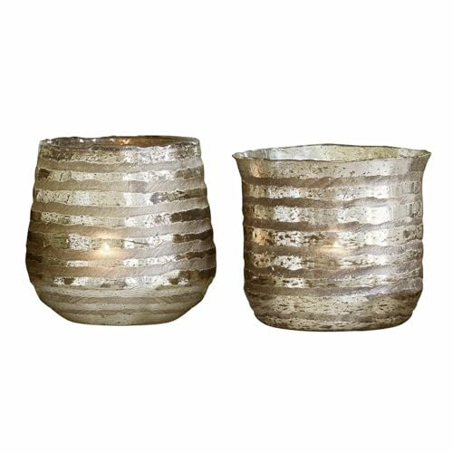 Loberon Windlicht 2er Set Anira, Zwei Formen, Handgearbeitete Struktur, Schimmernde Innenseite, Rustikales Design, Kerzenhalter, Dekoration, Glas, antikgrau