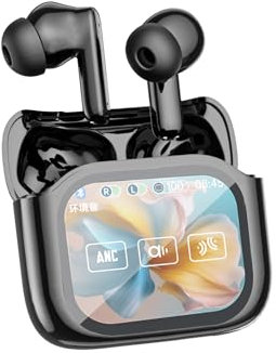 Micool Wireless Earbuds with Touch Screen, Colour Display, In Ear Earbuds Bluetooth 5.4 with Long Battery Life, Active Noise Cancellation Headphones Bluetooth, Built-in Buzzer/Pan-Tilt Camera (black)