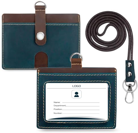 Boshiho Porte-badge en cuir de vachette véritable Style vertical Porte-cartes de crédit Cordon extensible et porte-stylo pour bureau (Bleu-2)