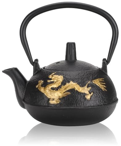 Tissting Gusseisen Teekanne 300ml mit Edelstahl Sieb, Japanischen Stil Tetsubin Kanne Geprägtes Drachenmuster, für den Herd und Teezubereitung