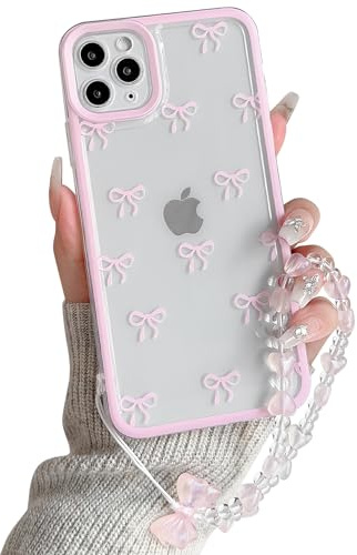 NITITOP for iPhone 11 Pro Max Case Cute Clear Bow Chain,Pink | for Women Girls, Aesthetic Bowknot Ribbon Design, with Wrist Strap, Soft TPU Shockproof Cover, Full Camera Protection
