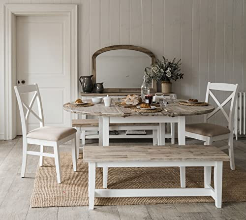 Florence Ausziehbarer Esstisch, rund, oval, Kiefernholz, Tischplatte aus gekalkter Akazie, verstellbare Länge (115 x 160 cm), 5 Farboptionen (weiß)