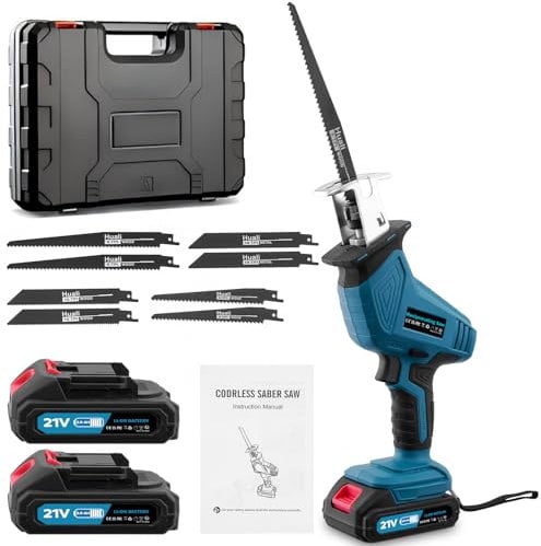 Blue Reciprocating Saw, 0-4000 RPM Variable Speed Electric, Cordless Reciprocating Saws, 21V Cordless Electric Saw to Cut Metal, for PVC Cutting with 2 Batteries, 8 Saws Blades