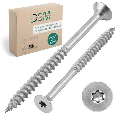 DSM - Lot de 500 vis pour panneaux d'aggloméré - 4,5 x 50 mm - Acier inoxydable A2/V2A - Avec tête fraisée et entraînement TX - Homologation ETA - Vis à bois avec filetage partiel - Vis à bois - Vis
