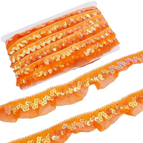 GORGECRAFT 11 m Orangefarbenes Organza Stoffband Mit Pailletten 3cm Gerafftes Rüschennetz Dehnbarer Fransenbesatz Plissierter Elastischer Chiffon Spitzenrandbesatz Zum Nähen von Geschenkpaketen Verpa