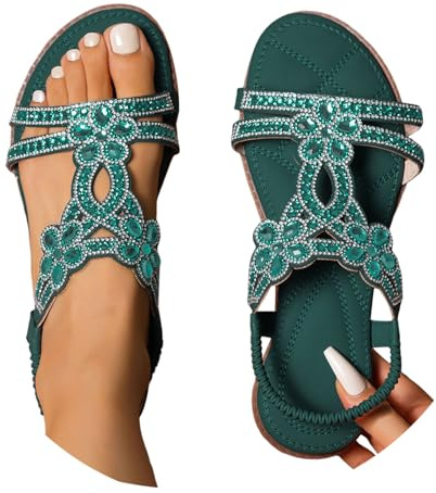 Sandalen Damen Sommer Elegant Boho Flache Sandalen mit Strass Glitzer T-Riemen Sommerschuhe Flip Flops Weichen Sohlen Bequem Sandaletten Freizeit Gummiband Slingback Strandsandalen