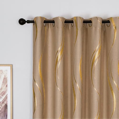 MYRU 1 Paar braune Verdunkelungsvorhänge für Schlafzimmer, luxuriöse gestreifte Vorhänge für Wohnzimmer (Hellbraun und Gold, 2 Paneele 137,2 x 213,3 cm)