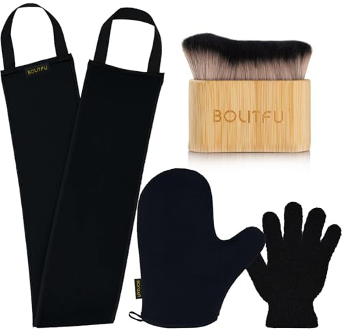 4 Pack Self Tanning Mitt Applicator Kit - 1 Self Tan Mitt, 1 Back Tanning Applicator, 1 Ultra Soft Self Tanner Brush, 1 Exfoliating Glove, for Sunless Streak-Free Fake Tan (Black)