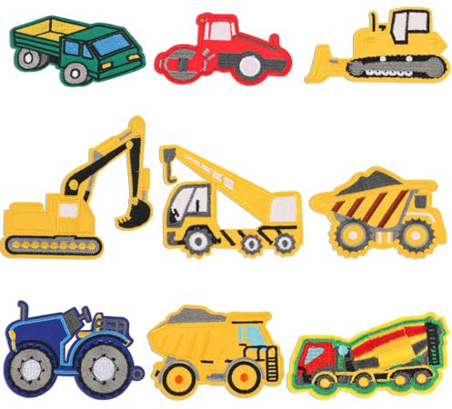ElevateTech 9Pcs Engineering Vehicle Iron On Patches Car Truck Decoration Patch Cloth Stickers Embroidery Patch Suitable Clothes Dresses Hats Jeans Backpacks (Yellow Blue Green)