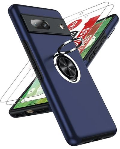LeYi for Google Pixel 7 Phone Case with 2 Screen Protector and Invisible Metal Ring Stand Holder, Shockproof Protective Mobile Cover for Googlepixel 7 5G - Blue