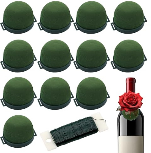 wokdsbl 12 Stück Steckschaum Rund Grün mit Klebepunkt und 23m Blumendraht | Blumensteckschaum Für Frischblumen Gestecke, Hochzeit, Party, Weinflasche, Geschenkbox, DIY Floristik
