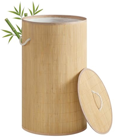 SONGMICS Wäschekorb mit Deckel, 90 L, Bambus, faltbar | Wäschesammler, rund, mit Griffen, Wäschesack herausnehmbar maschinenwaschbar, naturfarben, RONEX Kollektion LCB078YZ01