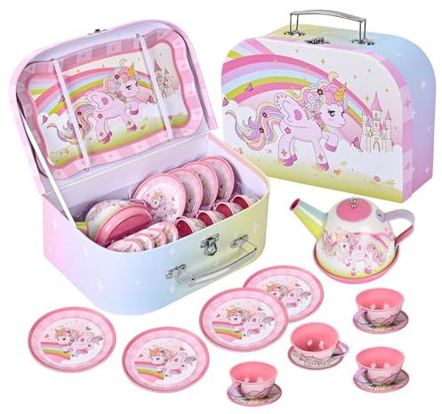 Fairy Toona Unicorn Tea Set for Girls Ages 3-6, 15 Pieces Pretend Kitchen Toys with Teapot, Cups, Plates and Storage Case, Princess Gift Set