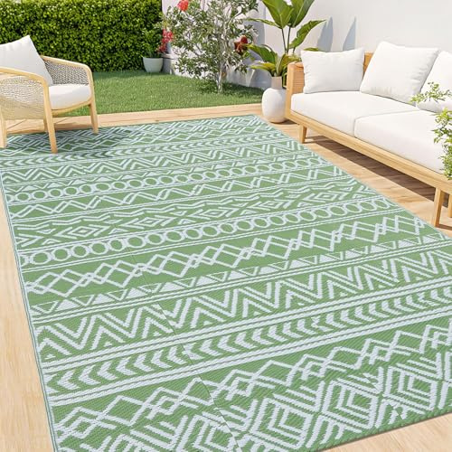 smiry Outdoor Teppich Wetterfest 150 x 240 cm, Modern UV-beständig Geometrisches für Terrasse Balkon Garten Wohnzimmer, Grün & Weiß