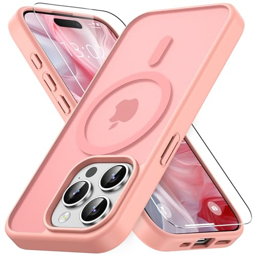 Vansdon Cover Magnetica per iPhone 15 Pro Max con 1 Pezzi Vetro Temperato | Rosa, Compatibile con Magsafe, Protezione anticaduta di livello militare, Custodia Traslucida Opaca Sottile Antiurto
