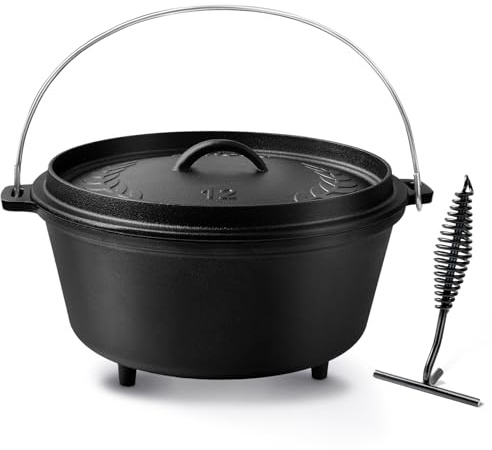 Blingco 8QT Camping Dutch Oven Pre-Seasoned Cast Iron with Tripod Stand & Skillet Lid-Dual Use Lid as Cooking Pan, Includes Lid Lifter-for Outdoor Campfire, Grill, Oven & Stovetop Cooking, Baking, BBQ