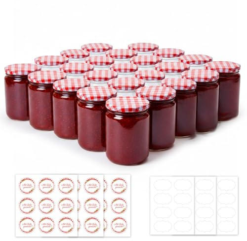 ComSaf 240ml Marmeladengläser Klein mit Rot-Weiß Kariertem Deckel 24er Set | Runde Einmachgläser mit Schraubdeckel, Etiketten, Luftdichte Schraubgläser mit Deckel, Selbstgemachte Marmelade, Joghurt