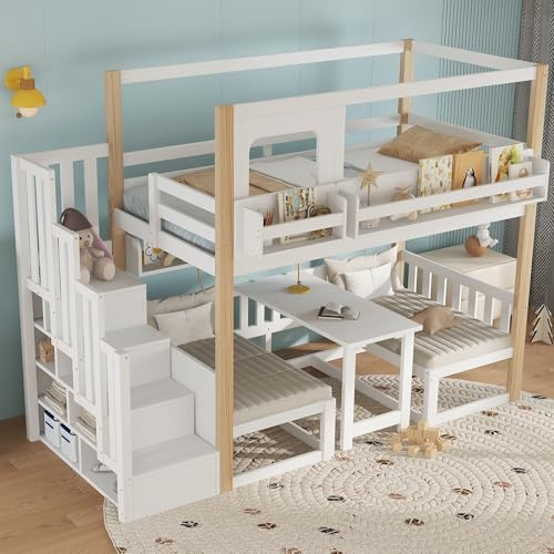 Jaxenor Etagenbett 90x200 mit Reihe Bücherregal, Kinderbett mit Stabile Aufbewahrungstreppe, Jugendbett mit Multifunktionaler Höhenverstellbarer Tisch, Hochbett Kinder mit Kleinen Bücherregal, Weiß