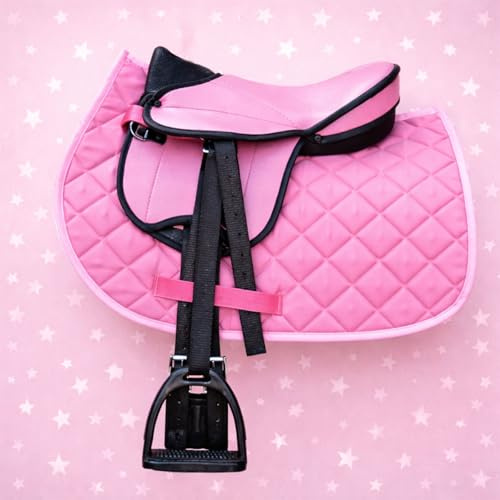 Brama West Ensemble de selle pour cheval en bois « My Happy Pony » | Selle pour shetty, cheval en bois et cheval en peluche | avec tapis de selle, sangle, étriers et étrivières (Rose)