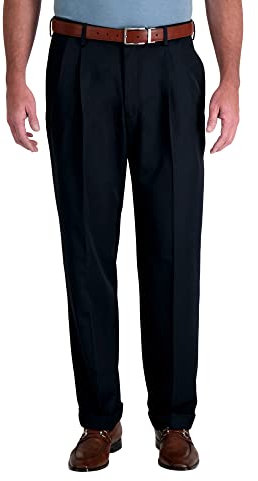 Haggar Men's Mynx Gabardine Pleat-Front Dress Pant with Hidden Expandable Waist, Navy, 36W x 32L