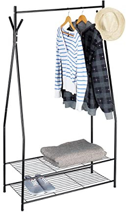 Relaxdays Perchero Burro Sandra con 2 Estantes y Barra para Colgar Ropa, Acero, 162 x 90 x 40 cm, Negro