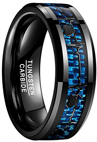 NUNCAD Ring Herren/Damen 8mm Schwarz + Blau mit Herzschlag Wolfram Ring Unisex mit Kohlefasern für Hochzeit Verlobung und Partner, Größe 60.0 (19.1)