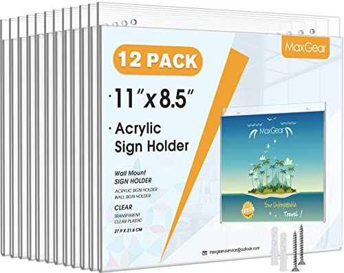 MaxGear Lot de 12 supports muraux de 21,6 x 27,9 cm, cadres photo en plastique transparent avec vis de montage, supports de panneau de porte et cadre d'affichage de documents pour la maison, le