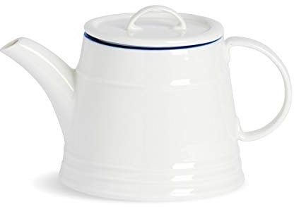 Nicola Spring Farmhouse Teapot - 900ml White Porcelain Tea Pot with Blue Rim - Rustic Country Cottage Style - Vintage Ceramic for Loose Leaf or Bagged - Dishwasher Safe Kitchen Tableware