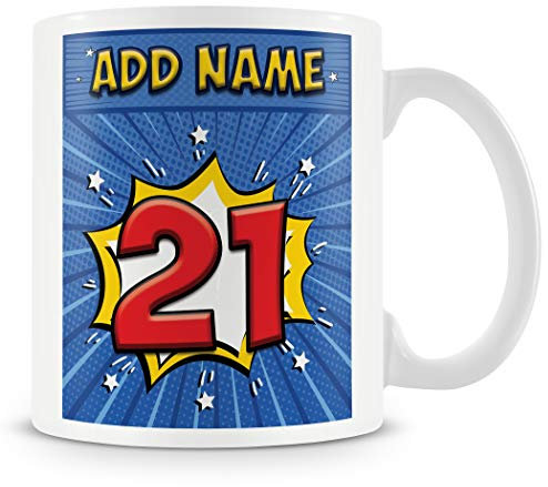 21st Birthday Gift for Men - Personalised Mug/Cup - Add Name - Comic Style Design - Blue