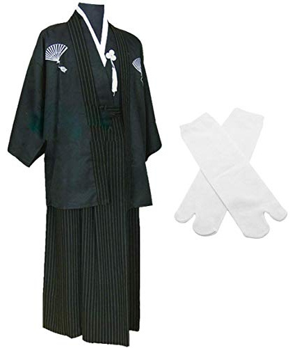Japanese Kimono Samurai Hakama Bushi Mens Uniform with Tabi Socks Set(CHF010) Black L