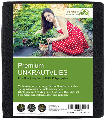 KRONLY Unkrautvlies 1,6m x 10m - Gartenvlies als Gartenfolie, Mulchfolie und Unkrautfolie 50g/m² wasserdurchlässig atmungsaktiv Garden Fleece