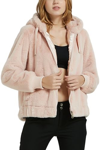 Giolshon Giubbotto Donna in Pelliccia Sintetica, Cappotto In Pile Corto Con Cappuccio 1712014 Rosa XL