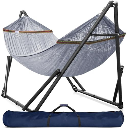 Tranquillo Universal-Doppel-Hängematte mit Ständer für 2 Personen/faltbarer Hängemattenständer, 272 kg Kapazität, tragbarer Koffer – Inhouse, Outdoor, Camping, Grau