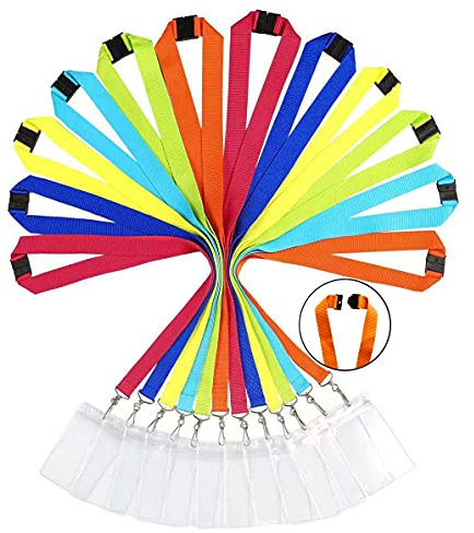 Packung mit 12 strapazierfähigen Polyester Lanyards mit Sicherheitsverschluss & wasserdichten transparenten Kartenhaltern, 6 Farben sortiert+Kartenhaltern,
