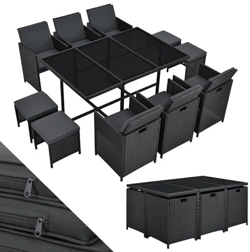 Juskys Polyrattan Sitzgruppe Baracoa XL 11-teilig wetterfest & stapelbar - 6 Stühle, 4 Hocker, Tisch mit Glasplatte & Kissen - 10 Personen - Gartenmöbel Set für Garten & Terrasse