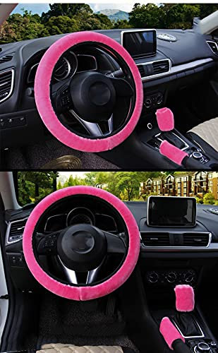 Universal Plüsch Auto Lenkradbezug Lenkradhülle 3 Stück Handbremse Schaltabdeckung Lenkradschoner Warme Winter Fell Lenkradabdeckung Lenkradhüllen Lenkrad Abdeckung Auto Zubehör für Damen,Rose
