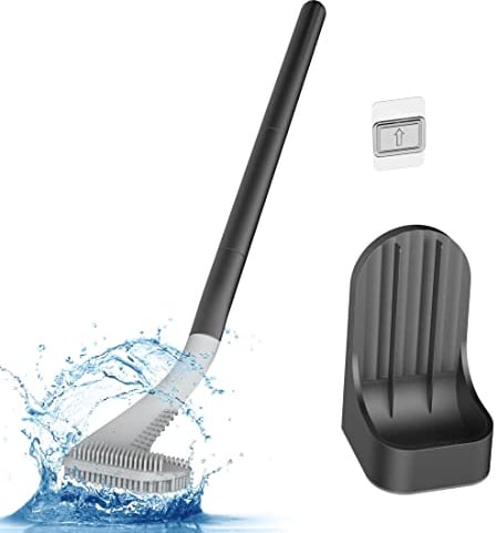 Toilettenbürste, Langer Griff Golf Toilettenbürste mit Halter 360° Tiefenreinigung Flexible Silikon Toilettenreiniger Bürste Wandmontage für Badezimmer (Schwarz)
